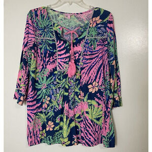 Lilly Pulitzer Tilda Tunic in Indigo All A Glow Neon floral Top Shirt Large